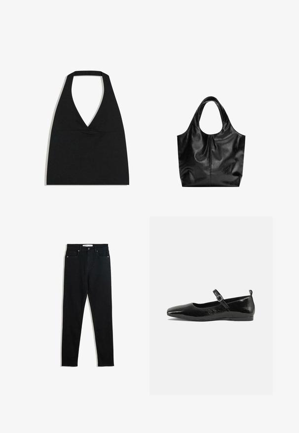 Čierny crop top s halter výstrihom do V s hlbokým výstrihom a širokým remienkom na krku na bielom pozadí.; Čierne deninové džínsy s úzkym strihom, dizajnom s piatimi vreckami, kovovými doplnkami a zipsom. Hladká textúra s miernym elastickým efektom.; Čierne lakované baleríny s špicatou špičkou, remienkom na členku so sponou a hladkým, lesklým povrchom. Nízky podpätok pre pohodlie.; Čierna kožená taška s hladkým povrchom, mäkkým zaobleným vrchom a širokými rúčkami. Obsahuje minimálne švy a voľný siluetu.