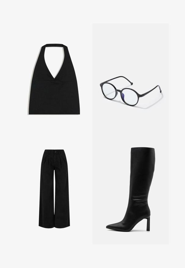 Sort halterneck crop top med dyb V-udskæring og bred nakkestrop mod en hvid baggrund.; Sorte bukser med høj talje og vide ben med forreste plisseringer, knaplukning og bæltestropper, vist mod en hvid baggrund.; Even&Odd by Zalando Høje støvler/ Støvler - black; Runde sorte briller med tynde stel, klare linser og en let lilla nuance på den ene side; slankt design med en poleret finish.