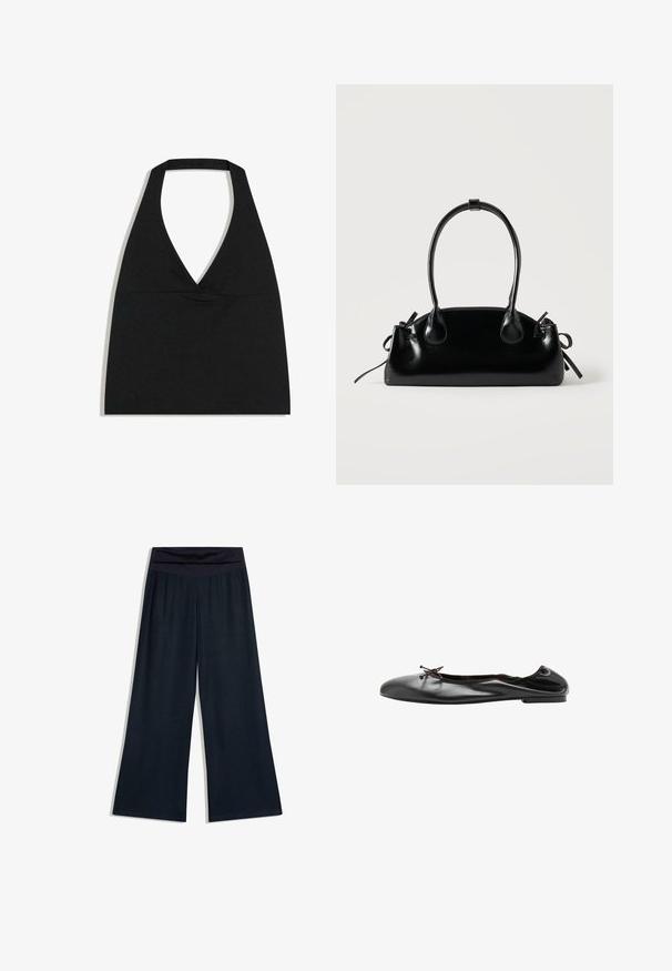 Haut court noir à col licou avec un profond décolleté en V et une large bretelle autour du cou sur fond blanc.; Pantalon noir à jambes larges avec une taille haute repliée, posé à plat sur un fond blanc.; Ballerine en cuir noir avec un petit nœud à l'avant et une couture arrière légèrement froncée, vue de profil sur fond blanc.; Petit sac à main noir brillant avec deux longues anses et des détails à cordon sur les côtés sur un fond clair uni.