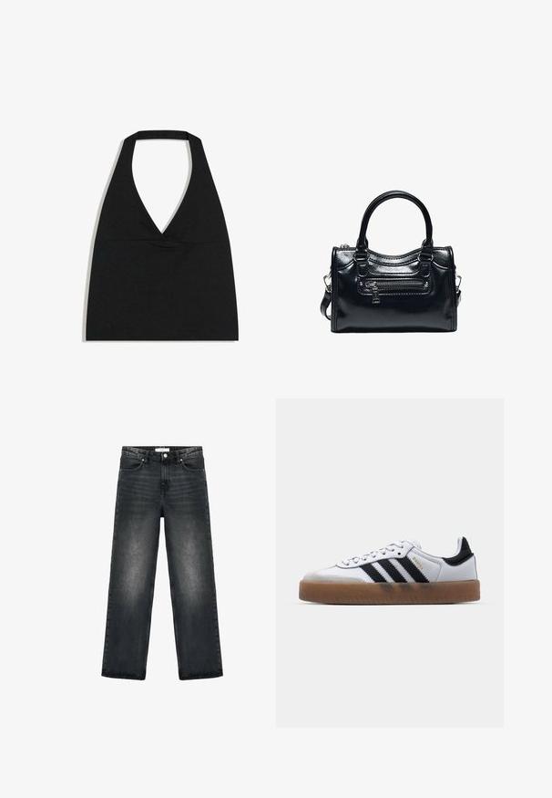 Schwarzes bauchfreies Top mit Neckholder und tiefem V-Ausschnitt sowie breitem Nackenriemen vor weißem Hintergrund.; Schwarze Jeans aus Denim mit lockerer Passform, geraden Beinen und leichter Ausbleichung. Verfügt über einen Knopfverschluss und ein fünf Taschen-Design für Funktionalität.; Weiße Leder Sneakers mit schwarzen Streifen, Gummigummi-Außensohle, runder Zehenform, Schnürverschluss und weichem grauem Wildleder-Zehenkappe.; Schwarze glänzende Lederhandtasche mit zwei Griffen, vorderer Reißverschlusstasche und abnehmbarem Schulterriemen auf weißem Hintergrund.