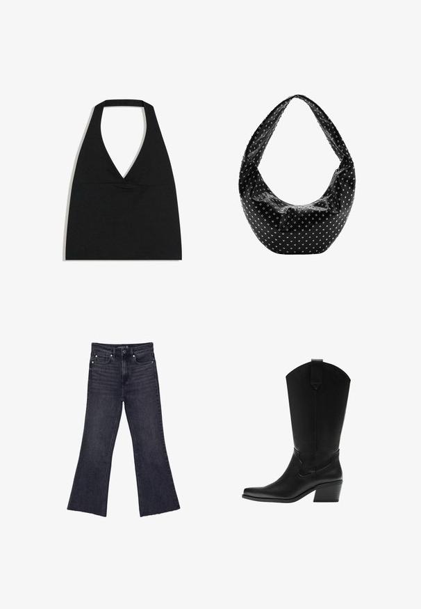 Zwarte haltercrop top met diepe V-halslijn en brede nekband tegen een witte achtergrond.; Zwarte hooggesneden jeans met een vloeiende pijp, vijf zakken en knoopsluiting, maat 38, platgelegd op een witte achtergrond.; Zwarte leren westernlaars tot halverwege de kuit met een puntige neus en gestapelde blokhak, voorzien van een aantreklus en subtiele decoratieve stiksels.; Zwarte leren handtas met een nonchalante vorm, versierd met zilveren studs en een brede schouderband. Gladde textuur met een geplooid ontwerp.