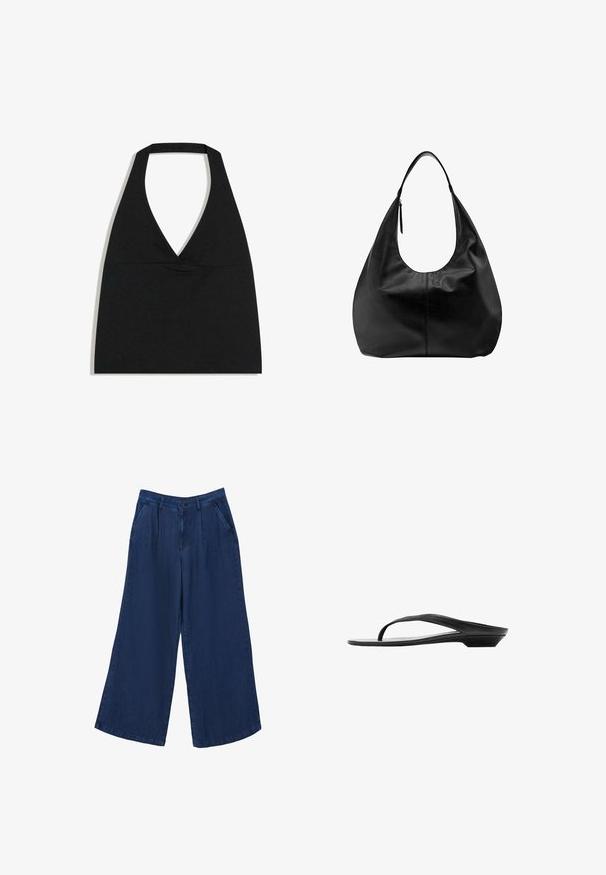 Sort halterneck crop top med dyb V-udskæring og bred nakkestrop mod en hvid baggrund.; Bredde ben denim bukser i mørkeblå. Har to forlommer, en knappelukning og en glat tekstur med et let materiale.; Sort sandal med lav hæl, slank sål og tynd rem, der krydser over foden nær tæerne, vist fra siden på hvid baggrund.; Sort læder slouchy hobo-håndtaske med en enkelt bred rem og en lynlåsdetalje på en ensfarvet hvid baggrund.