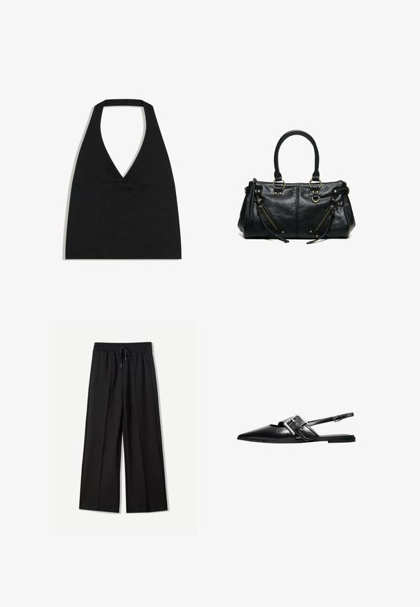Zwarte haltercrop top met diepe V-halslijn en brede nekband tegen een witte achtergrond.; Zwarte wijde broek van zachte stof. Voorzien van een elastische tailleband met een trekkoord en twee zijzakken. Platte voorkant met plooien.; Zwart leren platte schoen met puntige neus, brede gespsluiting en een smalle verstelbare enkelriem.; Zwarte leren handtas met twee hengsels, twee schuine ritssluitingzakken met kwastjes en goudkleurige metalen ringen en studs.