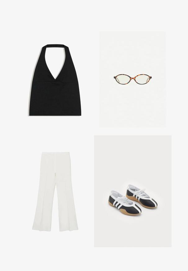 Čierny crop top s halter výstrihom do V s hlbokým výstrihom a širokým remienkom na krku na bielom pozadí.; Biele rozšírené nohavice s hladkým povrchom a čistými líniami, s pásom strednej výšky a bez viditeľného kovania alebo vzorov.; Čierne a biele športové topánky s elegantným dizajnom, gumovou podrážkou, šnurovaním a tromi bielymi prúžkami na bokoch.; Korytnačkové okuliare s oválnymi šošovkami a hladkým, lesklým povrchom. Majú tenké strany s jemným zakrivením na spánkoch. Priehľadné šošovky.