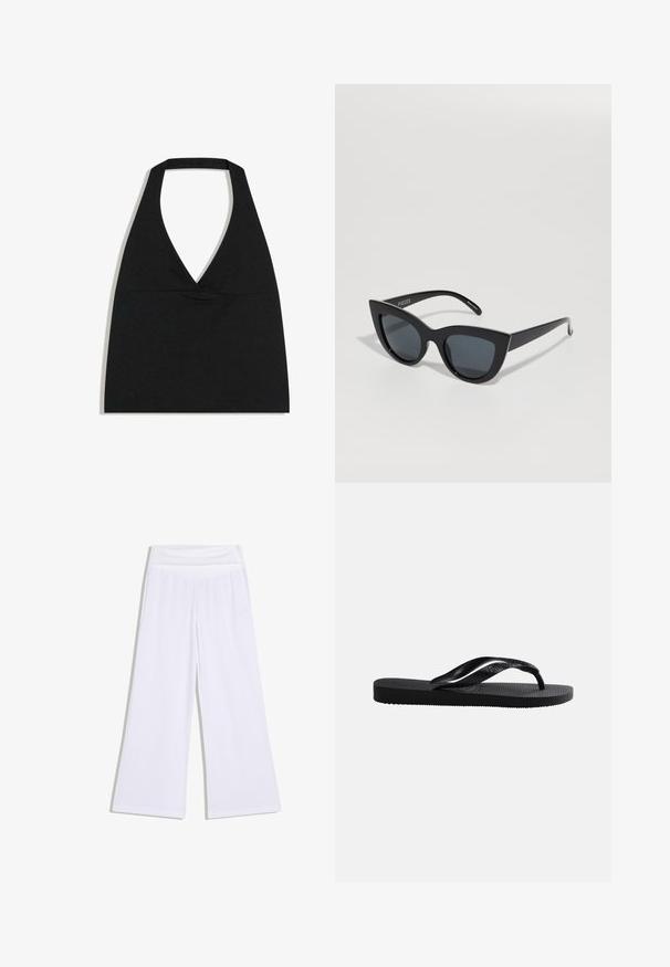 Čierny crop top s halter výstrihom do V s hlbokým výstrihom a širokým remienkom na krku na bielom pozadí.; Biele široké nohavice s vysokým elastickým pásom, voľného strihu a hladkým materiálom.; Čierne gumové žabky s textúrovanou stielkou a hladkým Y-tvarovaným remienkom na jednoduchom svetlom pozadí.; Čierne slnečné okuliare v štýle mačacích očí s tmavými sklami, lesklým plastovým rámom a ostrými hranami. Značka viditeľná na ľavej nohe.