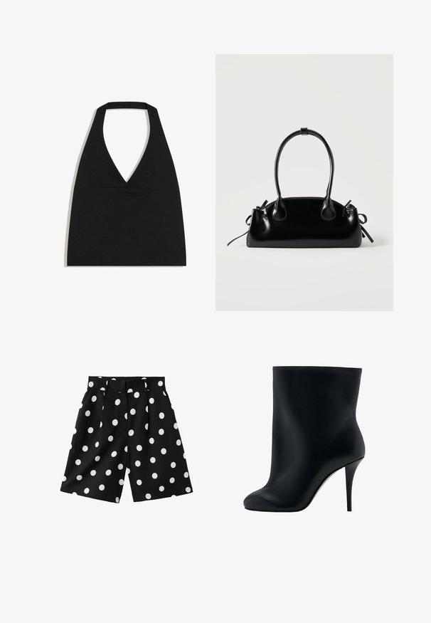 Haut court noir à col licou avec un profond décolleté en V et une large bretelle autour du cou sur fond blanc.; Shorts noirs à jambes larges avec des pois blancs, dotés de passants de ceinture et de poches latérales, posés à plat sur un fond blanc.; Bottine noire en matière synthétique lisse avec un design ajusté, bout arrondi et un talon stiletto haut pour une élévation accrue.; Petit sac à main noir brillant avec deux longues anses et des détails à cordon sur les côtés sur un fond clair uni.
