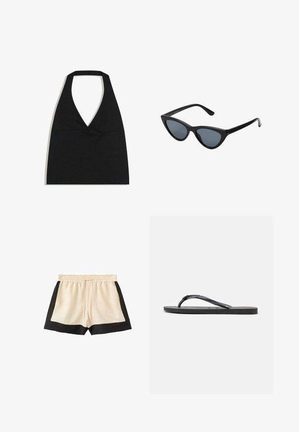 Zwarte haltercrop top met diepe V-halslijn en brede nekband tegen een witte achtergrond.; Beige korte broek met zwarte zijnpanelen en zoom, elastische tailleband en trekkoord aan de voorkant, weergegeven op een witte achtergrond.; Zwarte rubberen slippers met een gestructureerde zool en een Y-vormige band, zijaanzicht op een witte achtergrond.; Zwarte cat-eye zonnebril met donkergrijze lenzen, slank plastic frame, puntige hoeken en rechte pootjes. Geen zichtbare hardware of accenten.
