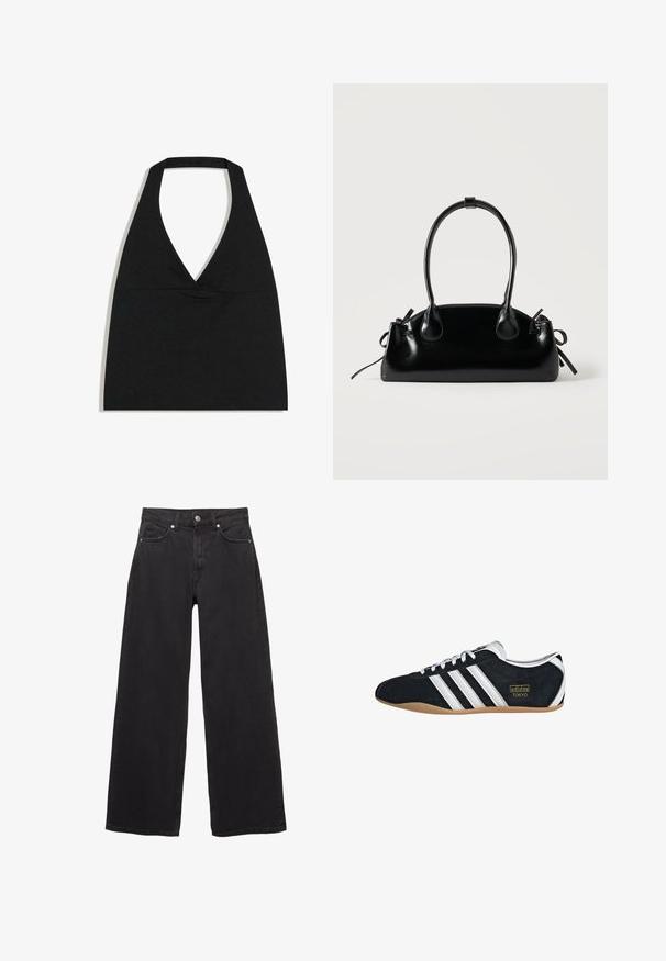 Čierny crop top s halter výstrihom do V s hlbokým výstrihom a širokým remienkom na krku na bielom pozadí.; Čierne široké džínsy z denimu s vysokým pásom, piatimi vreckami a zapínaním na gombíky s diskrétnymi detailmi šitia.; Čierne semišové tenisky s bielymi tromi pruhmi, zlatým logom a hnedou gumovou podrážkou. Disponujú nízkym šnurovacím dizajnom.; Malá čierna lesklá kabelka s dvoma dlhými rúčkami a bočnými šnúrkovými detailmi na jednoduchom svetlom pozadí.