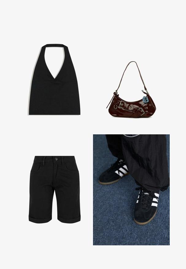 Sort halterneck crop top med dyb V-udskæring og bred nakkestrop mod en hvid baggrund.; Sorte bomuldsshorts med knaplukning, der har opsmøg, to frontlommer og en glat tekstur.; Sorte suedetrainingssko med tre hvide striber og sorte snørebånd. Et tekstureret sort bukser er delvist synligt ved siden af skoene.; Bordeaux patentskinds læder håndtaske med en buet form, sølv hardware detaljer og en dekorativ spænde. Har en kort rem og lynlås lukning.