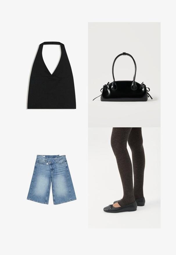 Haut court noir à col licou avec un profond décolleté en V et une large bretelle autour du cou sur fond blanc.; Short en denim bleu longueur genou avec une coupe large, poches avant, passants pour ceinture et taille partiellement déboutonnée.; Jambes portant des leggings côtelés foncés associés à des ballerines noires avec de petits détails en nœud sur fond blanc.; Petit sac à main noir brillant avec deux longues anses et des détails à cordon sur les côtés sur un fond clair uni.
