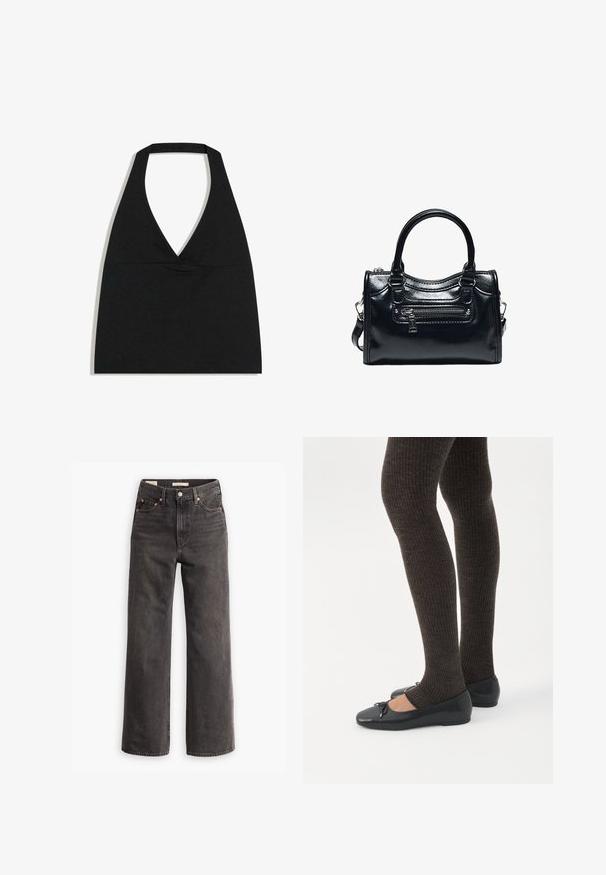 Sort halterneck crop top med dyb V-udskæring og bred nakkestrop mod en hvid baggrund.; Højtaljede, vide jeans i mørkegrå denim, med forlommer, kontrastfarvede kobbernitter og en ren finish uden pynt.; Ben iført mørke ribbede leggings kombineret med sorte balletsko med små sløjfedetaljer på hvid baggrund.; Sort skinnende læderhåndtaske med to håndtag, lynlåslomme foran og aftagelig skulderrem på hvid baggrund.
