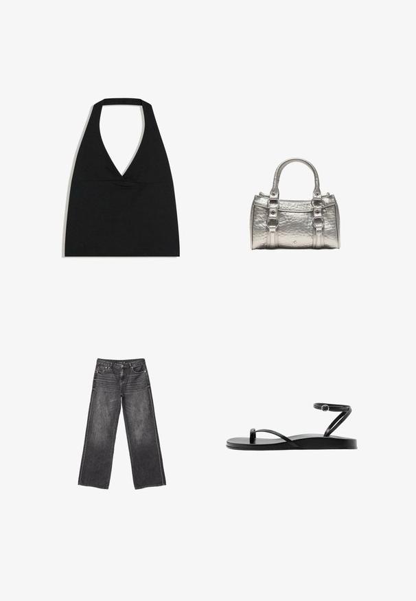 Sort halterneck crop top med dyb V-udskæring og bred nakkestrop mod en hvid baggrund.; Mørkegrå denim jeans med vid ben, front- og baglommer, knaplukning og diskrete slidte detaljer.; Sort flad sandal med tynde remme, tåloop og anklerem med en lille rund spænde, vist i sideprofil.; Lille metallisk sølvhåndtaske med to håndtag, dekorative ringe og tekstureret overflade, der står på en hvid baggrund.