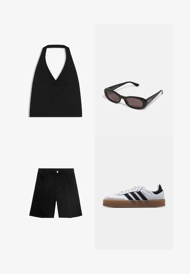 Čierny crop top s halter výstrihom do V s hlbokým výstrihom a širokým remienkom na krku na bielom pozadí.; Čierne džínsy s rovnými nohavicami, piatimi vreckami a strieborným gombíkom na zapínanie. Hladká textura s minimálnymi detailmi šitia.; Biele kožené tenisky s čiernymi pruhmi, gumová podrážka, okrúhla špička, šnurovanie a mäkký sivý semišový špička.; Čierne slnečné okuliare s ovalnými rámami, tmavými sklíčkami a nápisom "vogue" vytlačeným bielou farbou na vonkajších ramenách. Hladký plastový materiál.