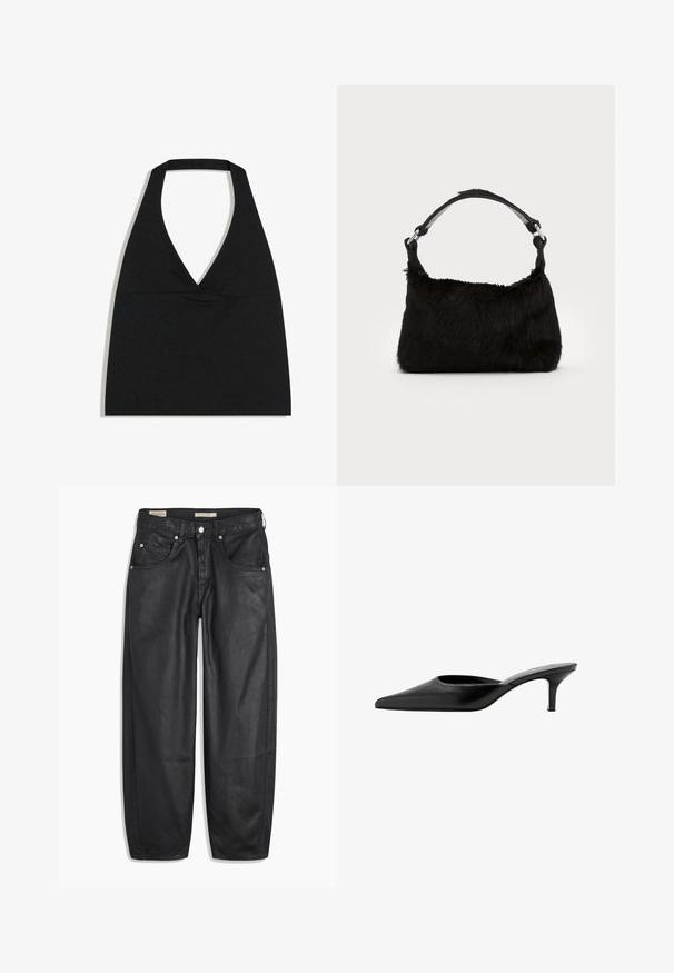 Čierny crop top s halter výstrihom do V s hlbokým výstrihom a širokým remienkom na krku na bielom pozadí.; Čierne denimové džínsy so širokým strihom, obsahujúce predné vrecká, zapínanie na gombík a hladkú textúru. Tkanina vyzerá robustne.; Čierny kožený mule s špicatou špičkou, nízkym, úzkym podpätkom a otvorenou zadnou časťou na obúvanie.; Čierna kabelka z umelého kožušiny s jemnou textúrou, zaobleným tvarom a pevným čiernym koženým ramenným popruhom. Viditeľné akcenty zo strieborného kovu.