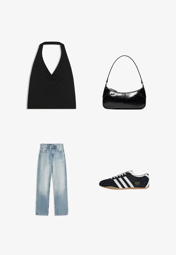 Haut court noir à col licou avec un profond décolleté en V et une large bretelle autour du cou sur fond blanc.; Jeans en denim bleu clair, taille haute, avec une coupe droite. Comprend un style classique à cinq poches et une décoloration subtile sur l'avant.; Sneakers en suede noir avec trois bandes blanches, logo doré et semelle en caoutchouc marron. Présente un design à lacets à profil bas.; Sac à épaule en cuir noir brillant avec un seul compartiment zippé et une fine bandoulière arquée.