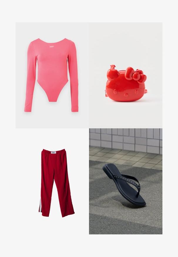 Langærmet body i lys pink med rund halsudskæring og højt skåret bund. Fremstillet af blødt, elastisk stof med en diskret glans.; Røde sportsbukser med elastisk talje, med sidelæg og diskrete plisseringer. Materialet ser glat ud, med et mærke på taljen.; Sort flip-flop sandal med nittede stropper hængende over asfaltbelægning nær flisebelagt vægkant.; Rød blank crossbody-taske formet som et tegneseriekatteansigt med en sløjfe og hjerteformede ører på en hvid baggrund.