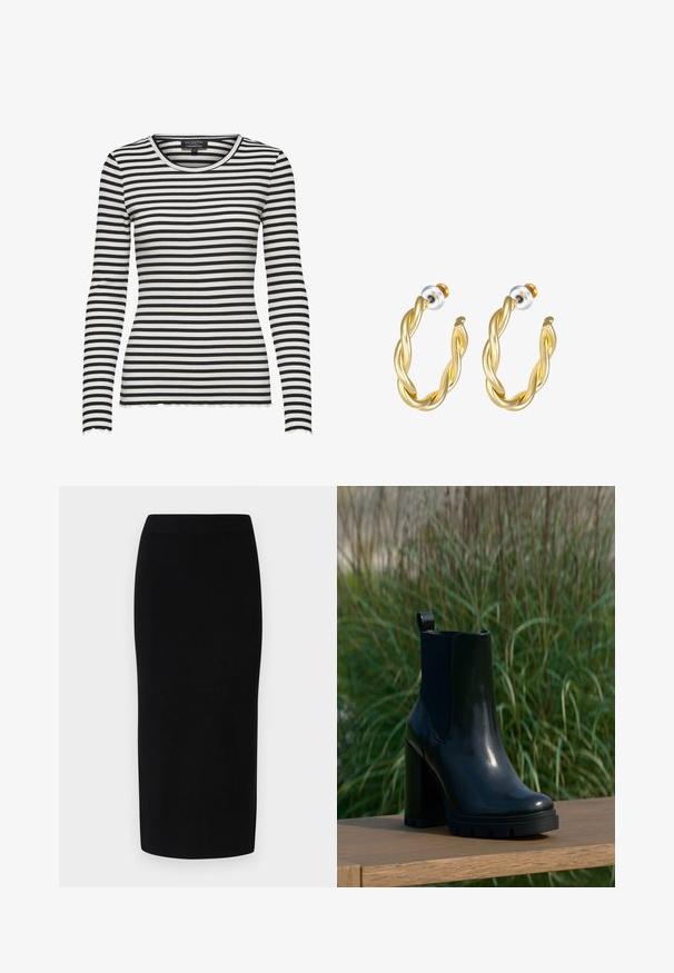 Schwarz-weiß horizontal gestreiftes, geripptes Langarmshirt mit Rundhalsausschnitt und gewellten Rändern an Ärmeln und Saum.; Schwarzer Strick-Midirock mit einer taillierten Silhouette, ausgestattet mit einem breiten elastischen Bund und glatter Textur, ohne erkennbare Muster oder Akzente.; Schwarze, glänzende Leder-Ankle-Boots mit klobigem hohen Absatz und Zuglasche, präsentiert auf einer Holzoberfläche vor einem Hintergrund aus hochgewachsenem grünem Gras.; Goldene, gedrehte Creolen mit glatter Oberfläche, ausgestattet mit transparentem Rücken und goldfarbenen Beschlägen.