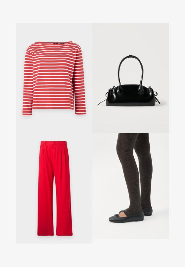 Chemise à manches longues rayée rouge et blanche avec un col bateau. En coton, coupe décontractée et ourlet fini. Design simple avec des rayures régulières.; Pantalons larges rouges en tissu doux, avec des plis sur le devant, une taille plate et une texture lisse. Pas de poches visibles ni de motifs.; Jambes portant des leggings côtelés foncés associés à des ballerines noires avec de petits détails en nœud sur fond blanc.; Petit sac à main noir brillant avec deux longues anses et des détails à cordon sur les côtés sur un fond clair uni.