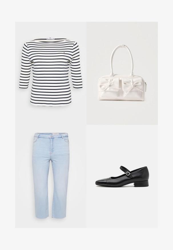 Stribet top med bådudskæring. Lavet af blødt stof med horisontale navy- og hvide striber. Design med trekvartærmer.; Lyseblå, cropped denim jeans med høj talje, frynsede kanter og et klassisk fem-lomme design. Lavet af blødt, strækbart materiale.; Sorte læder Mary Jane-sko med en patenttå, justerbar ankelrem og lav blokhæl. Glat tekstur og strømlinet design.; Hvid syntetisk håndtaske med to forlommer, hver med en bundet sløjfedetalje. Glat tekstur, afrundede håndtag og lynlås lukning.