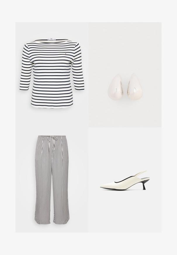Haut rayé avec un col bateau. Fabriqué en tissu doux, avec des rayures horizontales bleu marine et blanches. Design à manches trois-quarts.; Pantalons courts avec une taille à cordon, présentant des rayures verticales bleu marine et blanches, exposés sur un fond blanc uni.; Chaussure slingback pointue couleur crème avec petit talon noir style escarpin bas et finition en cuir lisse sur fond blanc.; Boucles d'oreilles en métal argenté en forme de goutte, avec une surface lisse et réfléchissante, présentant un design sans couture et sans embellissements visibles.