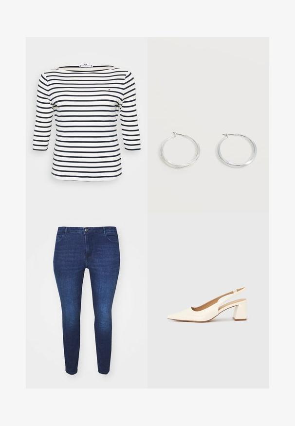 Stribet top med bådudskæring. Lavet af blødt stof med horisontale navy- og hvide striber. Design med trekvartærmer.; Mørkeblå slim-fit denim jeans med frontknap og lommer, vist fra forsiden mod en hvid baggrund.; Slingback-pumpe i blank cremefarvet laklæder, med spids snude og kraftig firkantet hæl for stabilitet. Minimalistisk design uden pynt.; Sølvfarvede metaloorringe med glat, let buet overflade og låsemekanisme på en ensfarvet hvid baggrund.