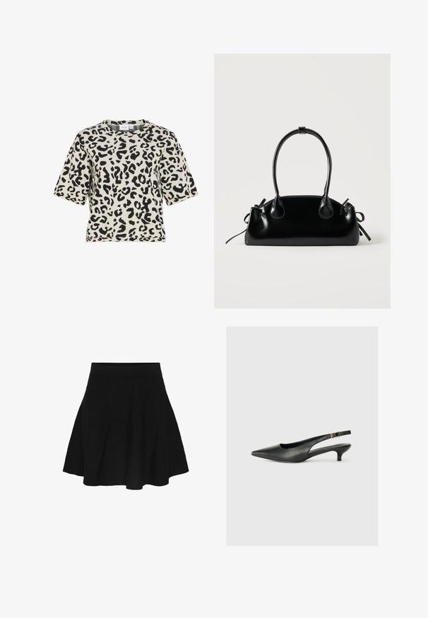 Top de punto de manga corta con estampado de leopardo en blanco y negro y escote redondo.; Falda negra de línea A con cinturilla ajustada, que se ensancha suavemente hacia el dobladillo, mostrada sobre un fondo blanco liso.; Zapato de tacón slingback negro de punta afilada, hecho de cuero suave. Presenta un tacón delgado y un detalle de hebilla en la correa ajustable.; Pequeño bolso negro brillante con dos asas largas y detalles de cordón lateral sobre un fondo claro liso.