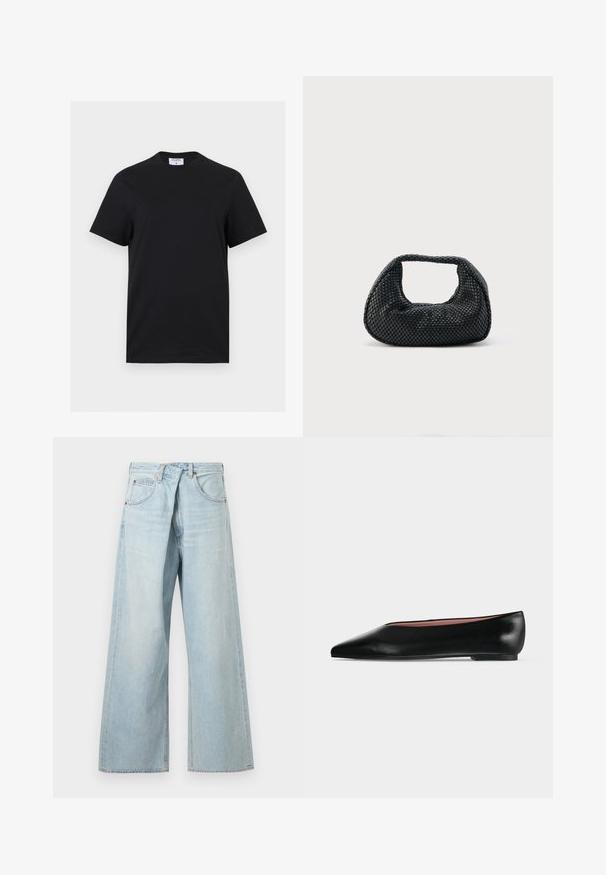 Zwart T-shirt met korte mouwen en ronde hals, met een wit label met de tekst "FILIPPA K" aan de binnenkant van de achterkraag, afgebeeld op een witte achtergrond.; Lichtblauwe wijde denim jeans met riemlussen en voorzakken, frontaal getoond op een effen achtergrond.; Zwarte leren damesschoen met platte zool, puntige neus en lage hak, zijwaarts afgebeeld tegen een effen lichtgrijze achtergrond.; Zwarte geweven hobo-tas met een zachte structuur en geïntegreerd handvat, weergegeven op een effen lichte achtergrond.