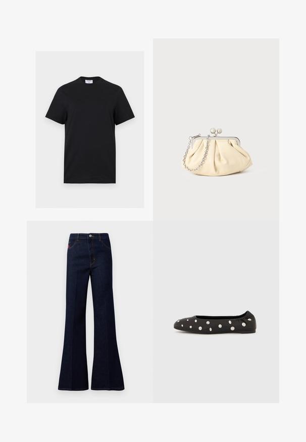 Zwart T-shirt met korte mouwen en ronde hals, met een wit label met de tekst "FILIPPA K" aan de binnenkant van de achterkraag, afgebeeld op een witte achtergrond.; Donkerblauwe hoge taille flared jeans met een knoop aan de voorkant, rits, zij- en achterzakken, en contrasterende stiksels.; Zwarte ballerina met elastische achterkant en verspreide grote zilveren ronde studs op de bovenzijde, in profiel weergegeven tegen een witte achtergrond.; Geplooide beige leren clutch met een zilveren metalen frame, voorzien van twee ronde decoratieve sluitingen en een zilveren kettingriem.