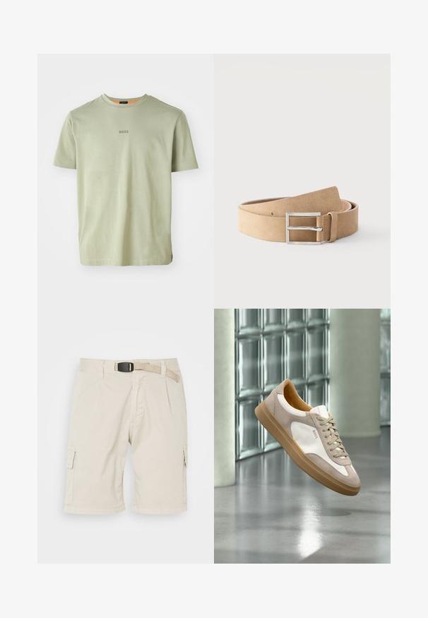 Camiseta de manga corta verde oliva hecha de tela suave, con un cuello redondo y un pequeño logo "BOSS" impreso en el centro.; Pantalones cortos de carga beige con un frente plano, lazos para cinturón, pliegues, bolsillos laterales y una tela texturizada. La longitud llega hasta la mitad del muslo.; Zapatilla beige y blanca con suela marrón claro y logo "BOSS", suspendida sobre un suelo liso y reflectante con pared de bloques de vidrio al fondo.; Cinturón de cuero ante color beige con hebilla rectangular plateada y presilla de cuero, enrollado sobre un fondo blanco.