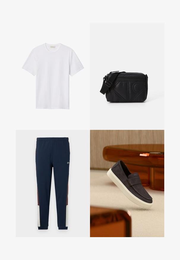 Ein schlichtes weißes T-Shirt mit kurzen Ärmeln und Rundhalsausschnitt, mit einem kleinen, geprägten Logo auf der linken Brust und einem Markenlabel im Kragen.; Navy Jogginghose aus weichem Stoff, mit braunen und cremefarbenen Seitenpaneelen, elastischem Bund und kleinem Logo auf der Vorderseite.; Dunkelgrauer Slip-On-Schuh aus Wildleder mit weißer Sohle, schwebt über einem beigen Teppich, im Hintergrund bernsteinfarbene, durchscheinende Möbel.; Schwarze, gesteppten Umhängetasche mit geometrischem Muster, ausgestattet mit einem Reißverschluss und einem verstellbaren Tragegurt für mehr Komfort.