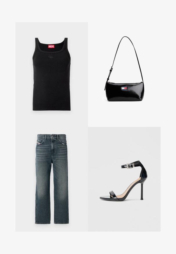 Sort tanktop lavet af ribstrikket stof. Har en rundet halsudskæring, brede stropper og et lille logo på forsiden. Ingen synlige mønstre.; Mørkeblå lige jeans med en falmet tekstur, fem-lomme design og en lille logodetalje på forsiden lommen.; Sort højhælet sandal i laklæder med ankelrem. Har minimalistisk design, åben tå og spænde med rhinsten-detaljer.; Sort patenteret læder skuldertaske med en buet rem, lynlåslukning og et rektangulært logo patch i rød, hvid og blå.
