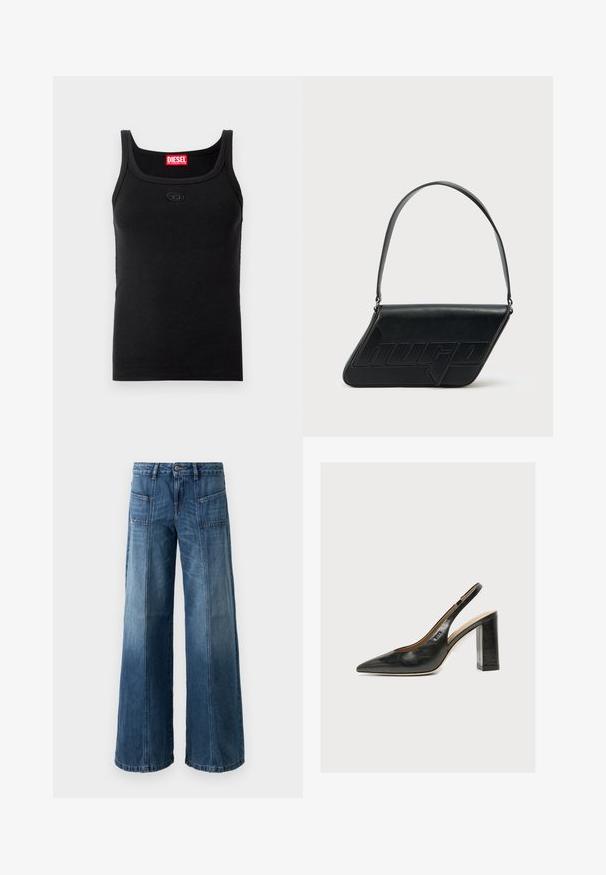 Zwart tanktopje gemaakt van geribbelde stof. Heeft een ronde halslijn, brede bandjes en een klein logoplaatje aan de voorkant. Geen zichtbare patronen.; Wijd been jeans in een vervaagde blauwe denim. Voorzien van vijf zakken, een knoop- en ritssluiting, met zichtbare stiksels en een losse pasvorm.; Zwarte leren damesslingback met spitse neus en dikke hoge blokhak tegen witte achtergrond.; Zwarte leren schoudertas met een driehoekige vorm, geperst logo en een enkele verstelbare riem. Minimalistisch ontwerp met een gladde textuur.