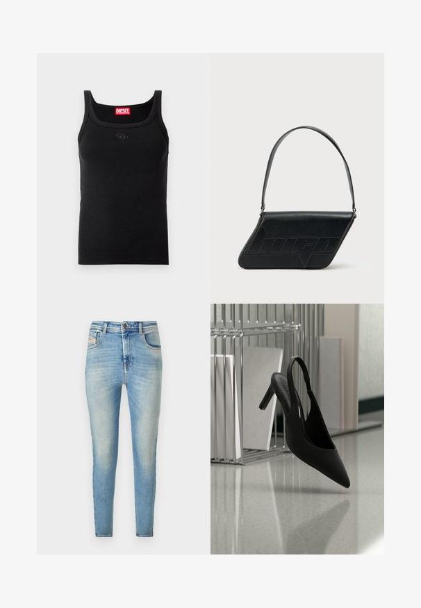 Must tank top, mis on valmistatud soonikust kangast. Omab ümarat kaelust, laiu rihmasid ja väikest logoplaati esiküljel. Ilma nähtavate mustriteta.; Heledad sinised kitsad teksad, kõrge vöökohaga, klassikalise viie taskuga disain, kulumisefektid ja metallnööbiga sulgemine.; Must varbakarp kingaga kõrge kontsaga king lendlemas õhus läikiva põranda kohal, taustal virnastatud kaustad.; Mustast nahast kolmnurkse kujuga õlakott, reljeefse logoga ja ühe reguleeritava rihmaga. Minimalistlik disain ja sile tekstuur.