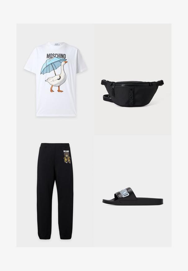T-shirt blanc avec le texte "Moschino" au-dessus d'un graphique représentant une oie blanche tenant un parapluie bleu sur son dos.; Pantalon de survêtement noir à taille élastique, avec un petit ours en peluche et le logo "Moschino" sur la cuisse gauche.; Sandale noire à bride large ornée d'un grand texte bleu clair en lettres majuscules sur fond blanc.; Sac banane noir Moschino avec fermeture éclair frontale et sangle ajustable sur un fond uni clair.