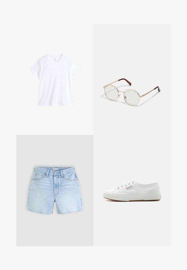 Weißes Baumwoll-T-Shirt mit kurzen Ärmeln, rundem Ausschnitt und geradem Saum. Mit kleinem rotem Logostreifen an der unteren linken Seite.; Helles blaues Denim-Shorts mit Fünf-Taschen-Design, Knopfverschluss und leicht ausgefranster Säume. Der Stoff zeigt eine weiche, strukturierte Optik.; Weißer flacher Canvas-Turnschuh mit Gummisohle, Metallösen und dem Markenlabel "Superga" an der Seite, von der Außenseite gezeigt.; Goldfarbene metallene Brille mit ovalem Rahmen und klaren Gläsern. Schildpatt-Akzente an den Bügeln. Verstellbare Nasenpads für zusätzlichen Komfort.