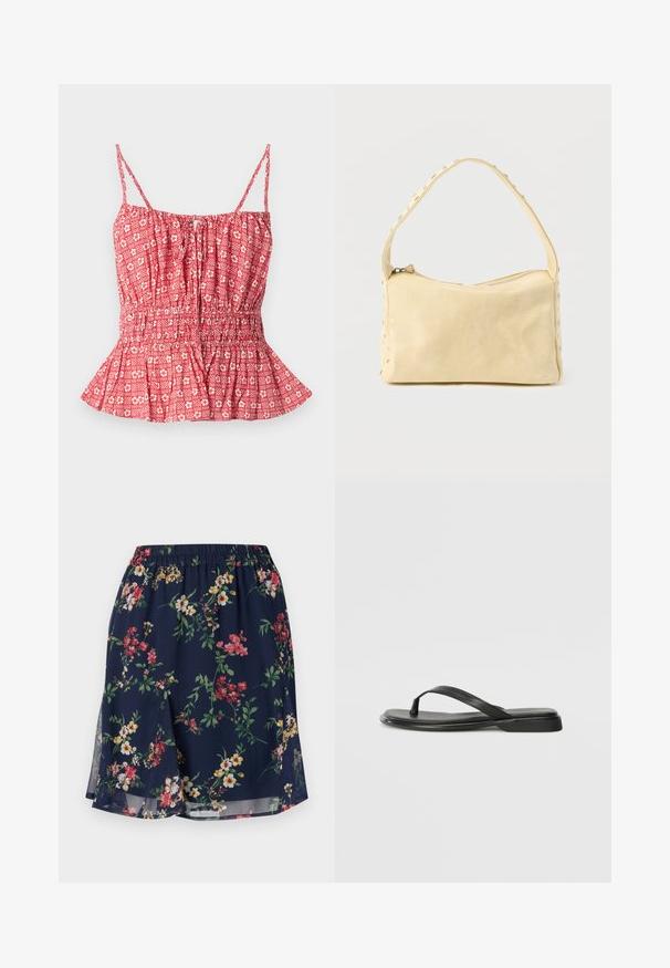 Punane mustriga topp õhukeste rihmadega, millel on kogutud bodice ja peplum serv. Lilleline ja triibuline disain kergel kangal.; Lille lilledega seelik, millel on elastne vöökoht, koos sinise taustaga, millel on punaste, kollaste ja roheliste lillemustritega kaunistus. Kerge kangas.; Musta sussumood, mis on valmistatud siledast nahast. Sellel on õhuke rihma disain ja lame tald minimaalsete joontega. Mingeid silmatorkavaid mustreid või aktsente ei ole.; Väike beež nahast käekott ühe rihmaga ja hõbedaste naeltega piki äärte ja rihma, esitatud ühtse taustaga.