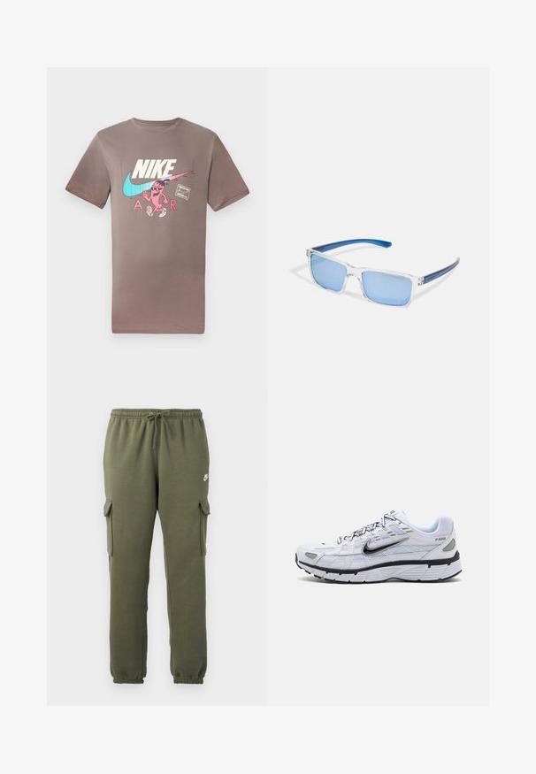 Camiseta de algodón marrón con un gráfico colorido de un personaje con gafas de sol, junto a los logos de Nike y Air en colores contrastantes.; Pantalones cargo verde oliva con cintura elástica, cierre con cordón, bolsillos laterales y logotipo de la marca en el muslo. Tejido suave de mezcla de algodón.; Zapatilla de running blanca con parte superior de malla, punta redondeada, acentos negros y una suela con patrón. Presenta cordones y una marca en el lateral.; Arnette MWAMBA - Gafas de sol - transparent