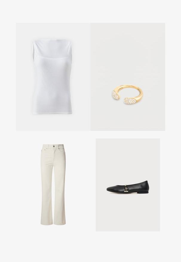 Witte mouwloze top van ribbelstof, met een ronde halslijn en een figuurvolgend design. Glad oppervlak zonder zichtbare sluitingen.; Witte flared jeans van denim. Heeft een hoge taille, vijf zakken en een metalen knoopsluiting. Glad oppervlak zonder zichtbare patronen.; Zwarte leren ballerina met een kleine gouden gesp aan de zijkant, lage hak en afgeronde neus, in profiel getoond op een witte achtergrond.; Gouden open ring met twee afgeronde uiteinden, elk bezet met kleine witte edelstenen, op een effen lichtgrijze achtergrond.