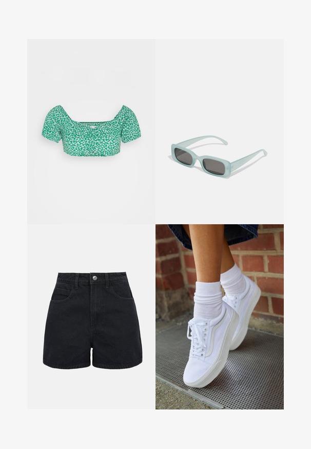 Even&Odd by Zalando T-Shirt print - green; Schwarze High-Waist-Jeansshorts mit vorderer Knopfleiste, Gürtelschlaufen und zwei Vordertaschen auf weißem Hintergrund.; Weiße Leinensneaker mit Gummisohlen, ausgestattet mit sechs Ösen, runder Zehenpartie und dezenten Nähten, kombiniert mit weißen Knöchelsocken.; Ein Paar rechteckige Sonnenbrillen mit lichtblauen, halbtransparenten Rahmen und dunkelgrauen Gläsern, ausgestattet mit geraden Bügeln und minimalen Hardware-Details.
