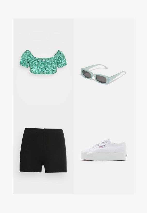 Even&Odd T-shirts print - green; Sorte bomulds shorts med et tætsiddende design og elastisk talje. Glat tekstur, længde til midt på låret, og uden synlige mønstre eller accenter.; Hvide canvas sneakers med en tyk hvid platformssål, rund tå og metaløjelets til snørebånd. Mærkets logo præsenteret på siden.; Et par rektangulære solbriller med lyseblå gennemsigtige stel og mørkegrå linser, der har lige templer og minimale hardware detaljer.