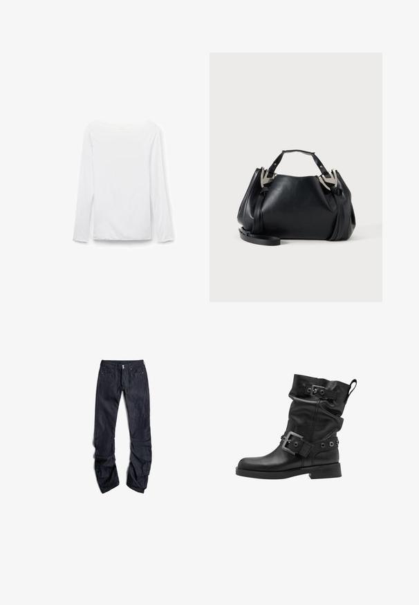 Witte langarmige bootnek shirt, effen ontwerp, plat uitgestald tegen een witte achtergrond, voorkant zichtbaar.; Donkerblauwe denim jeans met een rechte pijpdesign, voorkleurige zakken en een sluiting met twee knopen. De stof heeft een gestructureerde afwerking.; Tamaris Cowboy-/Bikerlaarsjes - black leather; Zwarte leren handtas met zilverkleurige V-vormige metalen accenten, twee bovenhengsels en een afneembare schouderriem op een effen lichte achtergrond.