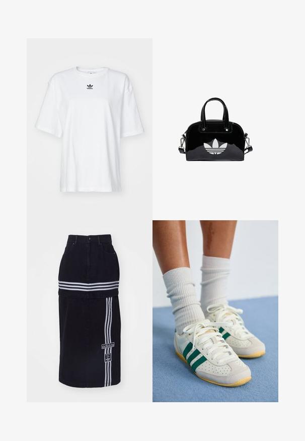 Witte korte mouwen t-shirt van katoen. Voorzien van een ronde hals en een klein zwart Adidas-logo op de borst. Rechthoekige zoom.; Zwarte spijkerrok met een hoge taille, voorzien van twee witte horizontale strepen, een Adidas logo tag aan de zijkant en een recht gesneden ontwerp.; Voeten met witte sneakers met groene strepen en witte geribbelde sokken die op een lichtblauw tapijt staan.; Zwarte gepatenteerde leren handtas met een afgeronde vorm, dubbele handvaten bovenaan, zilveren accenten en een opvallend wit logo aan de voorkant.