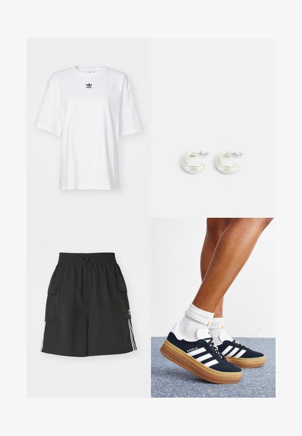 Hvid kortærmet t-shirt lavet af bomuld. Har en rund halsudskæring og et lille sort Adidas-logo på brystet. Lige skåret kant.; Sorte cargo shorts lavet af letvægtsmateriale, med elastisk talje, snor lukning, sidelommer og hvide sidelister.; Ben iført hvide sokker og sorte Adidas Gazelle sneakers med hvide striber og tykke brune såler på et gråt tæppe.; Sølvfarvede øreringe i et snoet hoopsdesign, med en struktureret overflade og ribbet detaljer, sikret med en postlås.