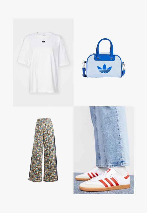 Hvid kortærmet t-shirt lavet af bomuld. Har en rund halsudskæring og et lille sort Adidas-logo på brystet. Lige skåret kant.; Breddebenede blomsterbukser med en blå baggrund, der har et farverigt mønster af røde, gule og blå blomster samt en elastisk talje.; Hvide lædersneakers med røde striber og accenter. Har en tekstureret gummisål og polstret krave. Bæres med lyseblå denim.; Blå og hvid håndtaske med blank overflade, der har to blå håndtag, en aftagelig skulderrem og en markant blå logo på forsiden.