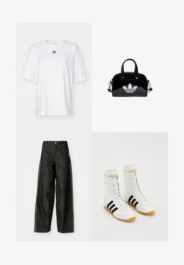 T-shirt blanc à manches courtes en coton. Avec un col rond et un petit logo Adidas noir sur la poitrine. Ourlet droit.; Pantalons en denim noir à jambes larges avec des rayures latérales blanches, dotés de poches avant, d'une fermeture à bouton et d'un logo subtil près de la taille.; Baskets montantes blanches en cuir, avec trois rayures noires, lacets blancs et semelle en caoutchouc gomme. Accent logo doré sur la languette.; Sac à main en cuir verni noir de forme arrondie, avec des poignées supérieures doubles, des accents argentés et un logo blanc proéminent à l'avant.