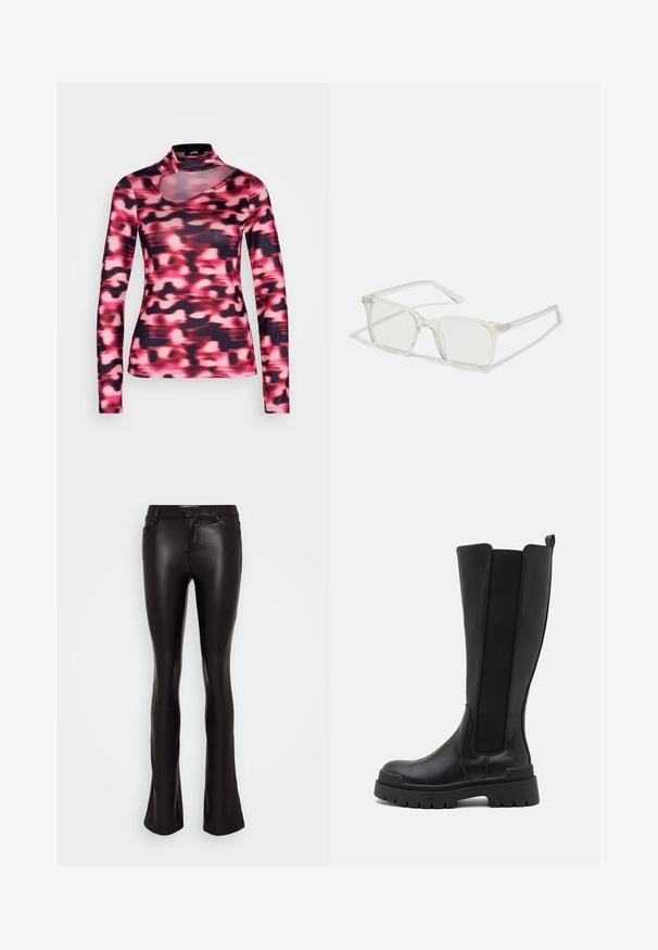Zign Studio ZI-AW23-D013-SJ NAIA ™ CUT OUT SHIRT - Langarmshirt - black/pink; Vero Moda VMFLASH FLARED PANTS - Stoffhose - black; Even&Odd Plateaustiefel - black; Klare, quadratische Kunststoffbrillen mit durchsichtigen Gläsern, die goldene Akzente an den Bügeln für zusätzliche Details aufweisen.