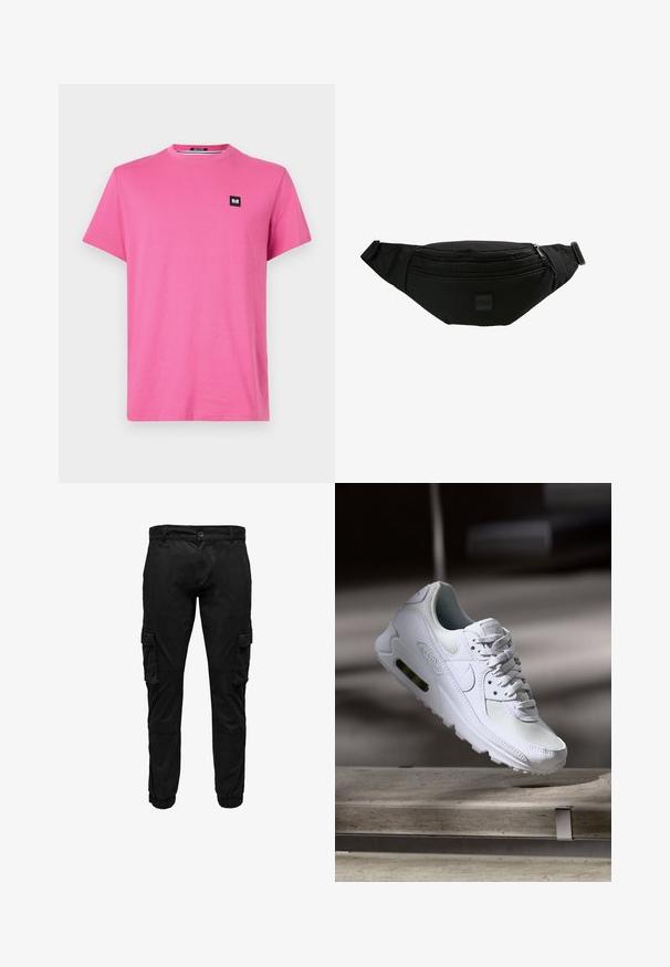T-shirt en coton rose à manches courtes, col rond, avec un petit patch logo noir sur la poitrine. Design simple et texture lisse.; Pantalon cargo noir avec poches à rabat latérales, poignets élastiques, fermeture frontale par bouton et fermeture éclair.; Sneaker Nike Air Max 90 blanche avec une tige en mesh et cuir, une boîte à orteils perforée et une unité air visible au talon.; Sac banane en tissu noir avec une texture lisse, une sangle réglable, deux compartiments zippés et un patch logo rectangulaire à l'avant.