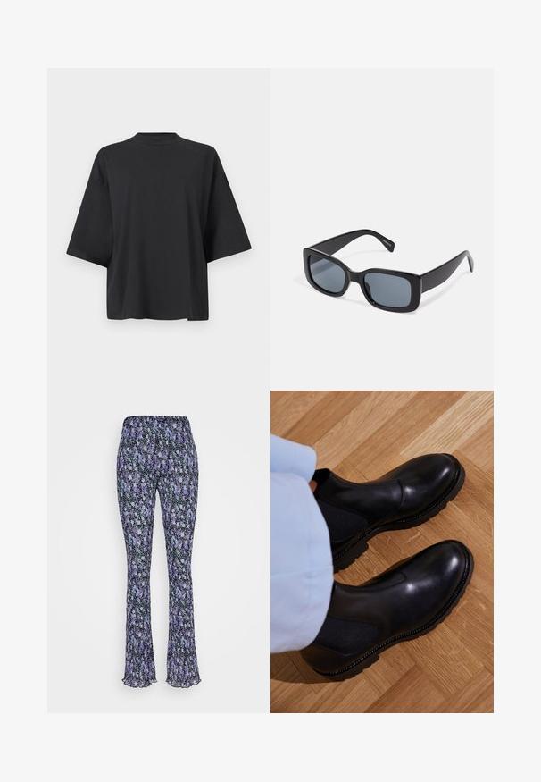 Schwarzes übergroßes T-Shirt mit kurzen Ärmeln, rundem Kragen und glatter Baumwollstruktur. Einfaches Design ohne Muster oder Verzierungen.; EDITED YOLANDA TROUSERS - Stoffhose - lilac; Schwarze Knöchelstiefel aus glattem Leder mit elastischen Seiteneinsätzen, einer strukturierten Gummisohle und kontrastierenden Nähten entlang der Kante.; Schwarze rechteckige Sonnenbrille mit dunkel getönten Gläsern, dickem Kunstrahmen und breiten Bügeln. Glatte Oberfläche und kantiges Design.