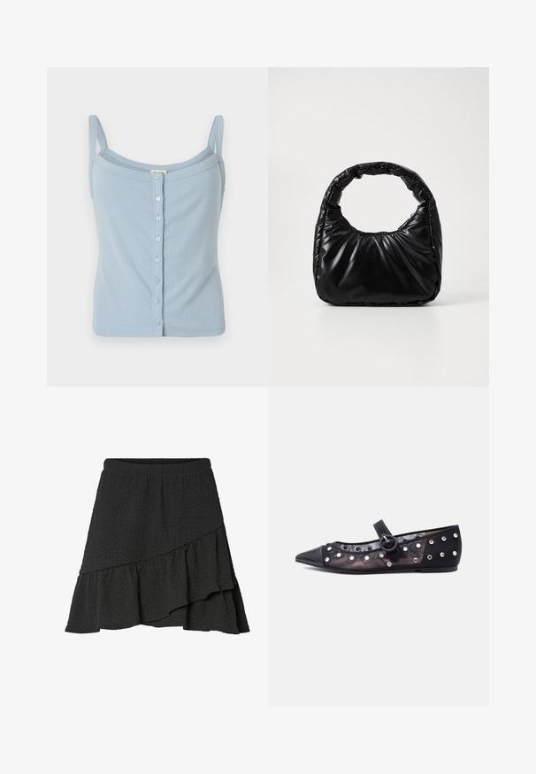 Débardeur en maille à rayures bleu clair avec des bretelles spaghetti, présentant un devant à boutons et une coupe ajustée. Texture douce et style simple.; Jupe portefeuille noire à texture, avec ourlet asymétrique à volants et taille élastique.; Ballerine Mary Jane noire à bout pointu avec côtés en mesh transparent décorés de clous argentés et bride avec boucle ronde.; Sac à main noir rembourré avec une poignée arrondie, présentant une surface lisse et brillante ainsi qu'une texture douce et matelassée. Pas de quincaillerie ou d'accents visibles.