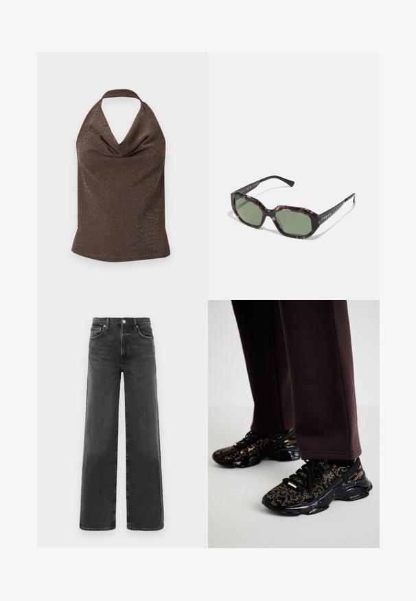 Top marron à col halter avec un subtil éclat métallique et un décolleté délicatement drapé, posé à plat sur un fond clair.; Jean en denim noir taille haute, coupe droite, avec bouton et fermeture éclair à l'avant, deux poches avant et deux poches arrière.; Des baskets noires avec des éclats dorés, une surface texturée et une semelle noire épaisse. Associées à un pantalon de survêtement brun, montrant un design ajusté.; Lunettes de soleil écaille de tortue marron avec verres polarisés verts, monture rectangulaire, et branches noires portant le mot "vogue" en blanc.